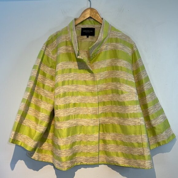 Lafayette 148 Blazer Jacket Womens Green Cream Stripe Linen Blend 3X - Picture 3 of 13